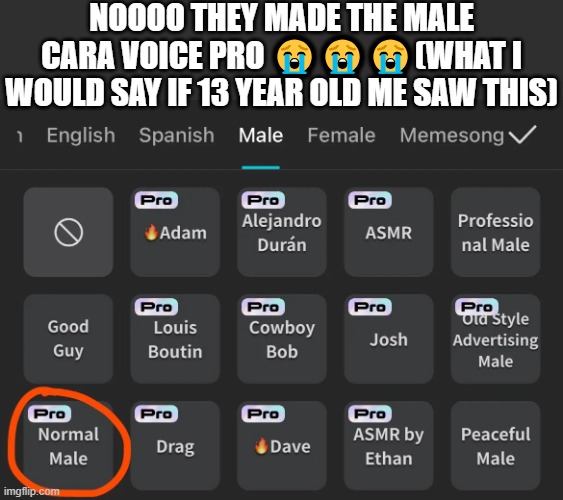 What 13 year old me said: IF THEY TURN MALE CARA'S VOICE INTO PRO I WILL QUIT CAPCUT! (before i had pro) | NOOOO THEY MADE THE MALE CARA VOICE PRO 😭😭😭(WHAT I WOULD SAY IF 13 YEAR OLD ME SAW THIS) | image tagged in male cara,memes,capcut,text to speech,capcut pro | made w/ Imgflip meme maker