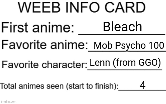 Weeb info card | Bleach; Mob Psycho 100; Lenn (from GGO); 4 | image tagged in weeb info card | made w/ Imgflip meme maker