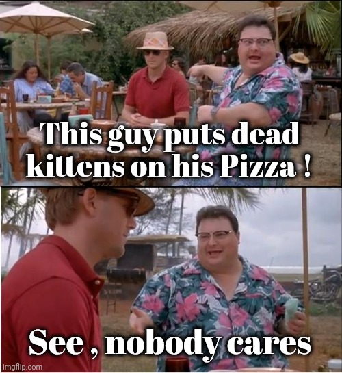 See Nobody Cares Meme | This guy puts dead kittens on his Pizza ! See , nobody cares | image tagged in memes,see nobody cares | made w/ Imgflip meme maker