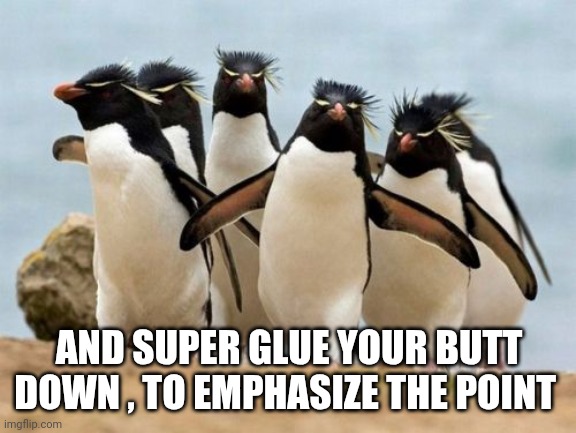 Penguin Gang Meme | AND SUPER GLUE YOUR BUTT DOWN , TO EMPHASIZE THE POINT | image tagged in memes,penguin gang | made w/ Imgflip meme maker