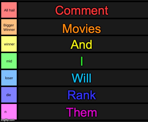 Or I'll reply if I haven't watched | Comment; Movies; And; I; Will; Rank; Them | image tagged in yoshi's tier list | made w/ Imgflip meme maker