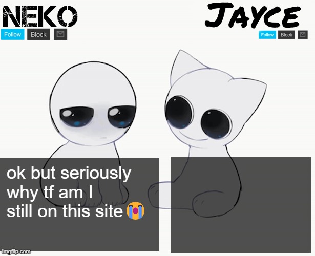 Neko and Jayce shared temp | ok but seriously why tf am I still on this site😭 | image tagged in neko and jayce shared temp | made w/ Imgflip meme maker