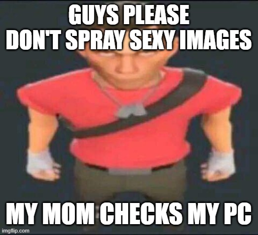 repost of a meme i've seen before | GUYS PLEASE DON'T SPRAY SEXY IMAGES; MY MOM CHECKS MY PC | image tagged in scout stare,memes,team fortress 2 | made w/ Imgflip meme maker