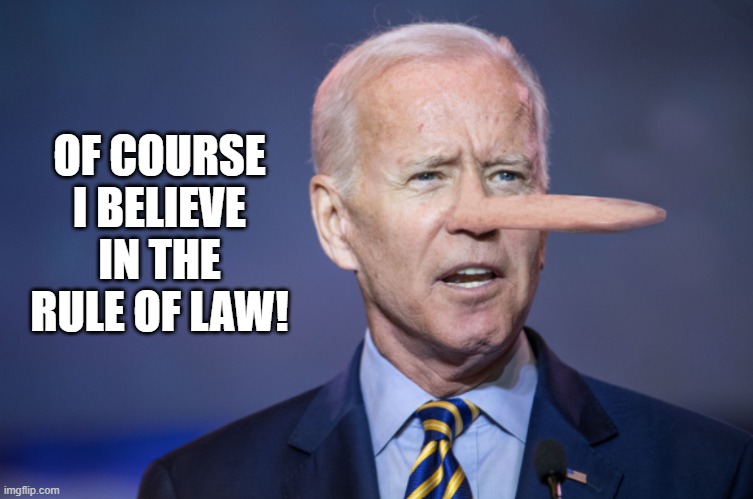 OF COURSE I BELIEVE IN THE RULE OF LAW! | image tagged in joe biden,pinnochio | made w/ Imgflip meme maker