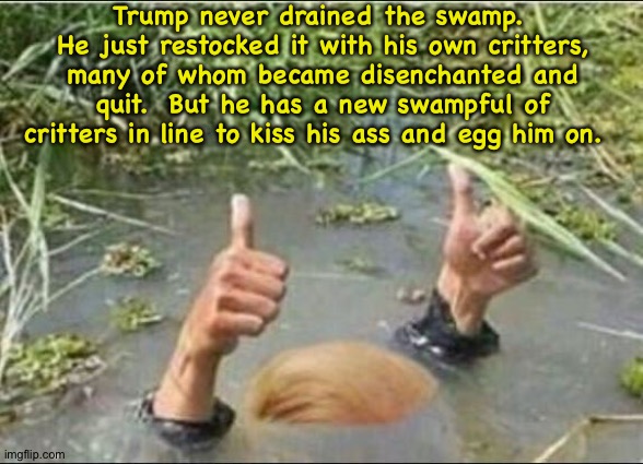 The Swamp Critters | Trump never drained the swamp.  He just restocked it with his own critters, many of whom became disenchanted and quit.  But he has a new swampful of critters in line to kiss his ass and egg him on. | image tagged in trump swamp creature | made w/ Imgflip meme maker