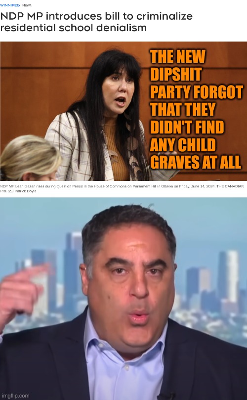 Only in Canada can unproven victimhood be considered protected lies | THE NEW DIPSHIT PARTY FORGOT THAT THEY DIDN'T FIND ANY CHILD GRAVES AT ALL | image tagged in crazy cenk,stupid ndp | made w/ Imgflip meme maker