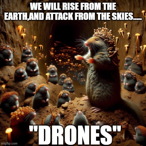 Mole Position | WE WILL RISE FROM THE EARTH,AND ATTACK FROM THE SKIES..... "DRONES" | image tagged in mole cult,murder drones,drone,drones,nolihocdomi | made w/ Imgflip meme maker