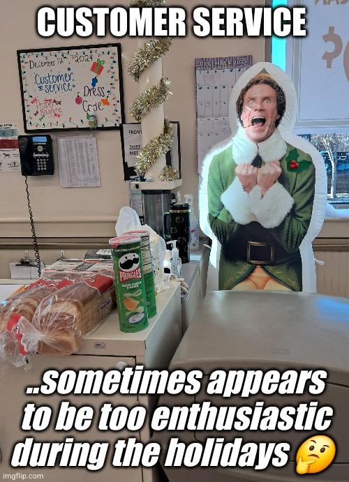 Customer Service during the Holidays | CUSTOMER SERVICE; ..sometimes appears to be too enthusiastic during the holidays 🤔 | image tagged in customer service,elf | made w/ Imgflip meme maker