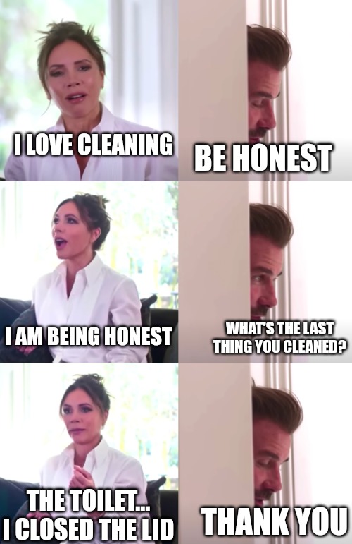 Just be honest honey | I LOVE CLEANING; BE HONEST; I AM BEING HONEST; WHAT'S THE LAST THING YOU CLEANED? THE TOILET... I CLOSED THE LID; THANK YOU | image tagged in victoria david beckham be honest,funny,funny memes,fun | made w/ Imgflip meme maker