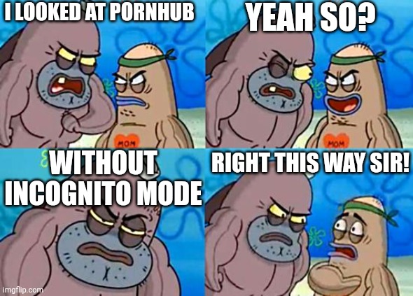 No incognito | I LOOKED AT PORNHUB; YEAH SO? WITHOUT INCOGNITO MODE; RIGHT THIS WAY SIR! | image tagged in welcome to the salty spitoon | made w/ Imgflip meme maker