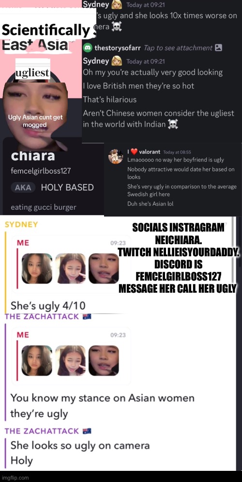 Chiara femcelboss127 Scientifically Worlds Ugliest Asian | SOCIALS INSTRAGRAM NEICHIARA. TWITCH NELLIEISYOURDADDY. DISCORD IS FEMCELGIRLBOSS127 MESSAGE HER CALL HER UGLY | image tagged in ugly,asian,ugly woman,ugly girl,ugly face,loser | made w/ Imgflip meme maker