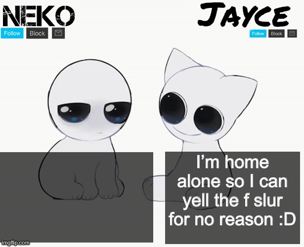 I love being a hyperactive moron when nobody is here to see it | I’m home alone so I can yell the f slur for no reason :D | image tagged in neko and jayce shared temp | made w/ Imgflip meme maker