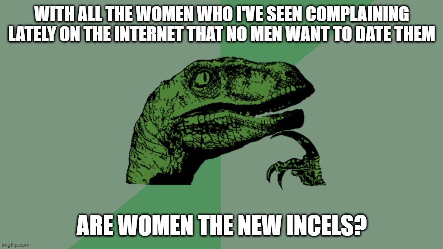 Philosophy Dinosaur | WITH ALL THE WOMEN WHO I'VE SEEN COMPLAINING LATELY ON THE INTERNET THAT NO MEN WANT TO DATE THEM; ARE WOMEN THE NEW INCELS? | image tagged in philosophy dinosaur | made w/ Imgflip meme maker