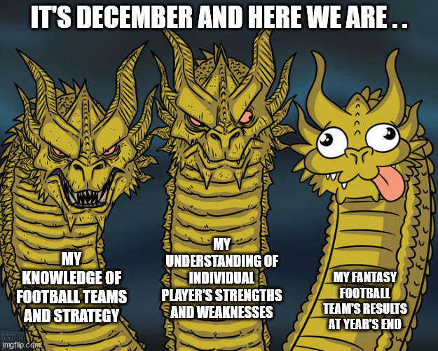 Fantasy Football | IT'S DECEMBER AND HERE WE ARE . . MY UNDERSTANDING OF INDIVIDUAL PLAYER'S STRENGTHS AND WEAKNESSES; MY KNOWLEDGE OF FOOTBALL TEAMS AND STRATEGY; MY FANTASY FOOTBALL TEAM'S RESULTS AT YEAR'S END | image tagged in three-headed dragon | made w/ Imgflip meme maker