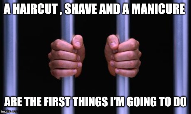 Prison Bars | A HAIRCUT , SHAVE AND A MANICURE ARE THE FIRST THINGS I'M GOING TO DO | image tagged in prison bars | made w/ Imgflip meme maker