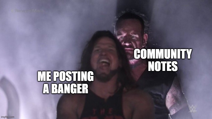 True life on X | COMMUNITY NOTES; ME POSTING A BANGER | image tagged in aj styles undertaker | made w/ Imgflip meme maker
