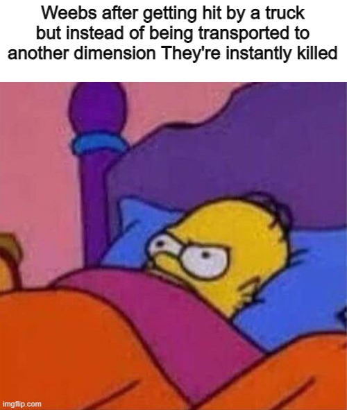 its common in anime | Weebs after getting hit by a truck but instead of being transported to another dimension They're instantly killed | image tagged in angry homer simpson in bed,memes,funny,anime meme,weebs,anime | made w/ Imgflip meme maker