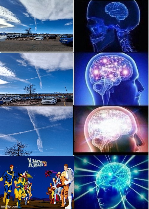 X Men Skywriting | image tagged in memes,expanding brain,x-men,clouds,walmart,colorado springs | made w/ Imgflip meme maker