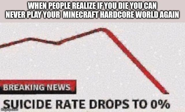 Suicide rates drop | WHEN PEOPLE REALIZE IF YOU DIE YOU CAN NEVER PLAY YOUR  MINECRAFT HARDCORE WORLD AGAIN | image tagged in suicide rates drop | made w/ Imgflip meme maker