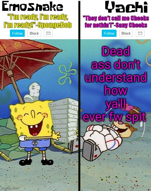 Emosnake and yachi temp | Dead ass don't understand how ya'll ever fw spit | image tagged in emosnake and yachi temp | made w/ Imgflip meme maker