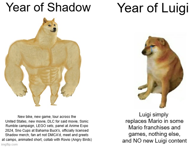 Year of Shadow vs. Year of Luigi | Year of Shadow; Year of Luigi; Luigi simply  replaces Mario in some Mario franchises and games, nothing else, and NO new Luigi content; New bike, new game, tour across the United States, new movie, DLC for said movie, Sonic Rumble campaign, LEGO sets, panel at Anime Expo 2024, Sno Cups at Bahama Buck's, officially licensed Shadow merch, fan art not DMCA'd, meet and greets at camps, animated short, collab with Rovio (Angry Birds) | image tagged in memes,shadow the hedgehog,sonic the hedgehog,luigi,mario,games | made w/ Imgflip meme maker