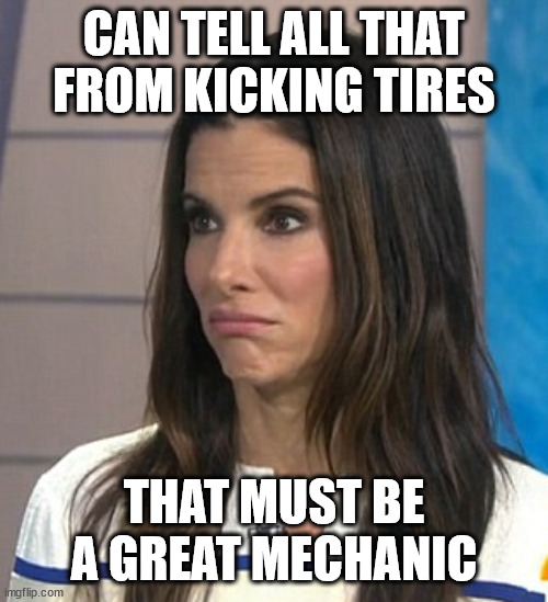 SANDRA BULLOCK EWW FACE | CAN TELL ALL THAT FROM KICKING TIRES THAT MUST BE A GREAT MECHANIC | image tagged in sandra bullock eww face | made w/ Imgflip meme maker