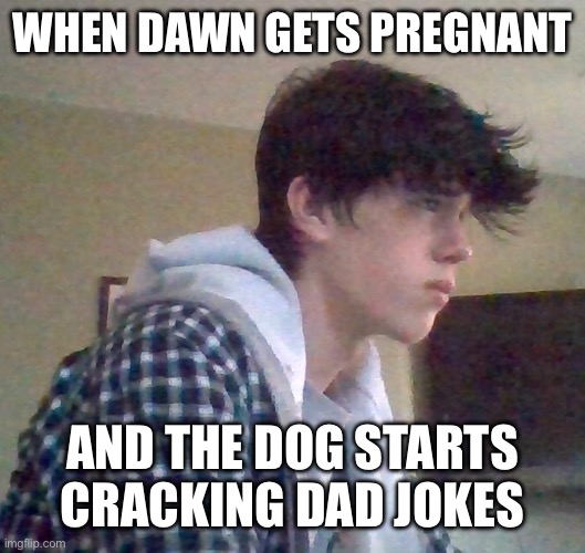 EJ OFFICIAL FACE | WHEN DAWN GETS PREGNANT; AND THE DOG STARTS CRACKING DAD JOKES | image tagged in ej official face | made w/ Imgflip meme maker