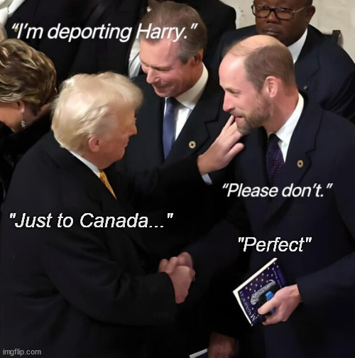 Good for everyone... | "Just to Canada..."; "Perfect" | image tagged in trump,prince william,deport,prince harry,canada | made w/ Imgflip meme maker