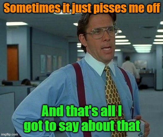 I hear ya man | Sometimes it just pisses me off; And that's all I got to say about that | image tagged in memes,that would be great,anger | made w/ Imgflip meme maker