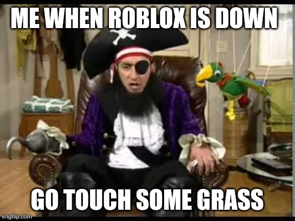 Roblox Down Meme | ME WHEN ROBLOX IS DOWN; GO TOUCH SOME GRASS | image tagged in patchy the pirate that's it | made w/ Imgflip meme maker