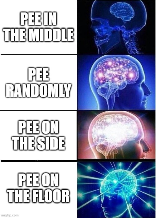 Expanding Brain | PEE IN THE MIDDLE; PEE RANDOMLY; PEE ON THE SIDE; PEE ON THE FLOOR | image tagged in memes,expanding brain | made w/ Imgflip meme maker