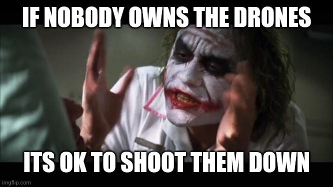 And everybody loses their minds | IF NOBODY OWNS THE DRONES; ITS OK TO SHOOT THEM DOWN | image tagged in memes,and everybody loses their minds | made w/ Imgflip meme maker