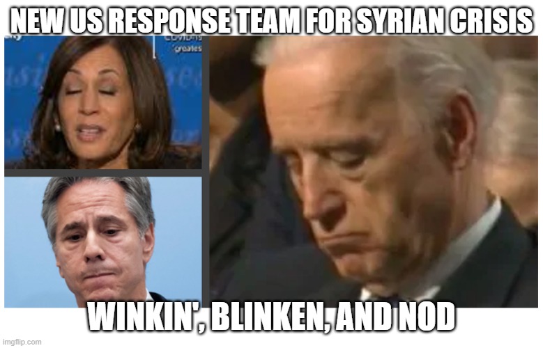 US Response to Syrian Crisis | NEW US RESPONSE TEAM FOR SYRIAN CRISIS; WINKIN', BLINKEN, AND NOD | image tagged in kamala harris,joe biden,syria | made w/ Imgflip meme maker