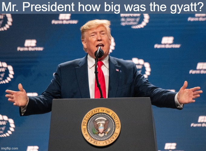 Trump hands spread | Mr. President how big was the gyatt? | image tagged in trump hands spread | made w/ Imgflip meme maker