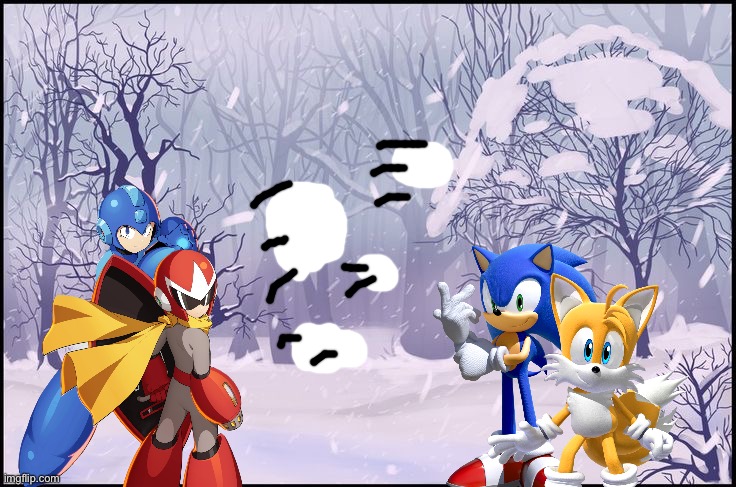 Megaman,Protoman,Sonic and Tails having a snowball fight | image tagged in winter forest background,megaman,sonic the hedgehog,tails the fox,crossover | made w/ Imgflip meme maker