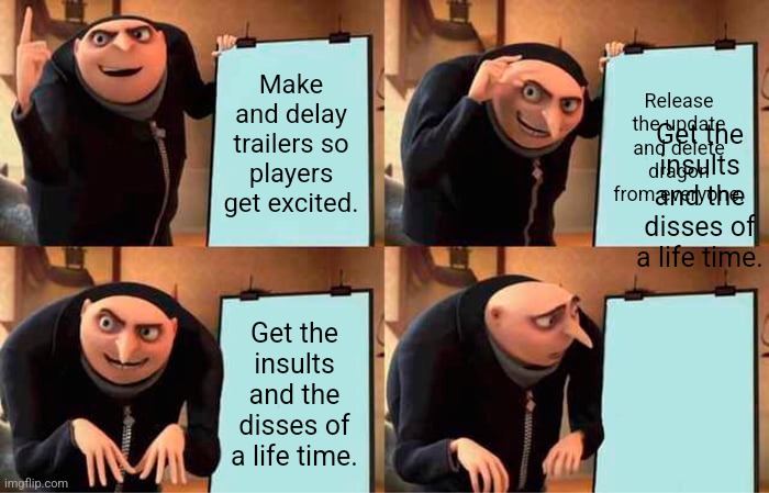Gru's Plan Meme | Make and delay trailers so players get excited. Release the update and delete dragon from everyone. Get the insults and the disses of a life time. Get the insults and the disses of a life time. | image tagged in memes,gru's plan | made w/ Imgflip meme maker
