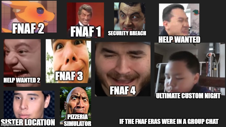 FNaF In a Group Chat be like: | FNAF 2; FNAF 1; SECURITY BREACH; HELP WANTED; FNAF 3; HELP WANTED 2; FNAF 4; ULTIMATE CUSTOM NIGHT; PIZZERIA SIMULATOR; SISTER LOCATION; IF THE FNAF ERAS WERE IN A GROUP CHAT | image tagged in group chat,fnaf | made w/ Imgflip meme maker