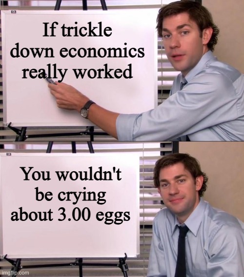 Redistribution Up | If trickle down economics really worked; You wouldn't be crying about 3.00 eggs | image tagged in reagan,trump,gop,trickle down,suckers,fools | made w/ Imgflip meme maker