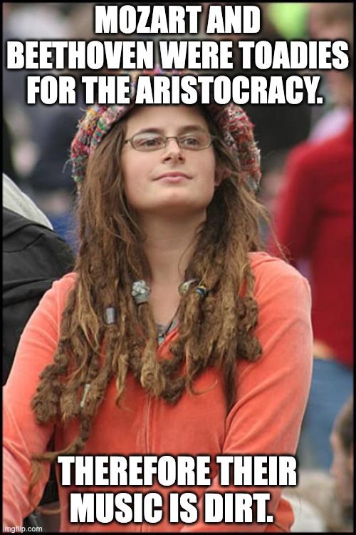 Hippy girl | MOZART AND BEETHOVEN WERE TOADIES FOR THE ARISTOCRACY. THEREFORE THEIR MUSIC IS DIRT. | image tagged in hippy girl | made w/ Imgflip meme maker