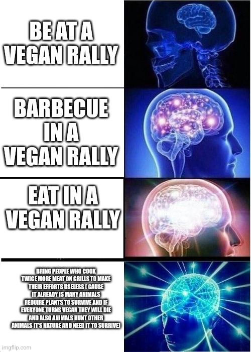 Expanding Brain Meme | BE AT A VEGAN RALLY BARBECUE IN A VEGAN RALLY EAT IN A VEGAN RALLY BRING PEOPLE WHO COOK TWICE MORE MEAT ON GRILLS TO MAKE THEIR EFFORTS USE | image tagged in memes,expanding brain | made w/ Imgflip meme maker