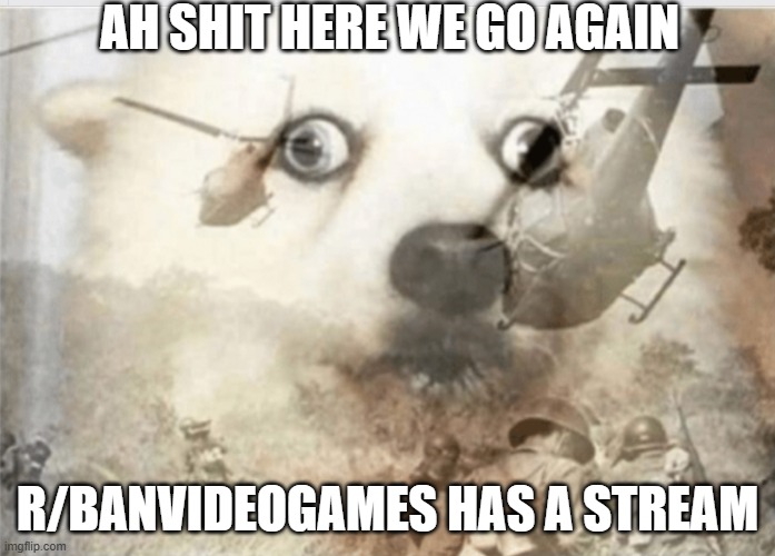 PTSD is kicking in | AH SHIT HERE WE GO AGAIN; R/BANVIDEOGAMES HAS A STREAM | image tagged in ptsd dog | made w/ Imgflip meme maker