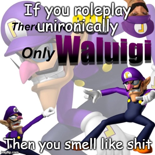 There is no god only waluigi | If you roleplay unironically; Then you smell like shit | image tagged in there is no god only waluigi | made w/ Imgflip meme maker