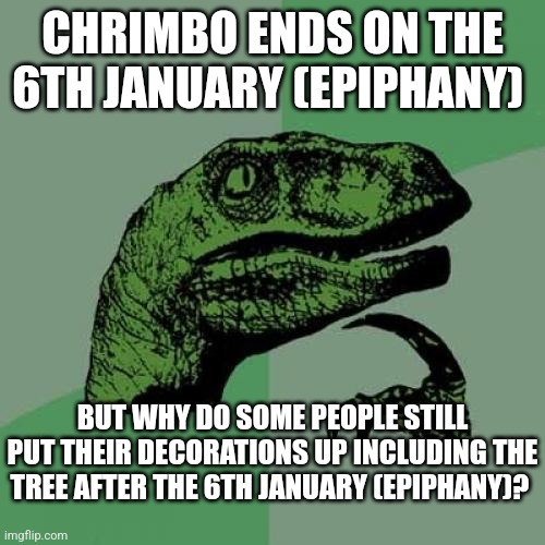 Philosoraptor Meme | CHRIMBO ENDS ON THE 6TH JANUARY (EPIPHANY); BUT WHY DO SOME PEOPLE STILL PUT THEIR DECORATIONS UP INCLUDING THE TREE AFTER THE 6TH JANUARY (EPIPHANY)? | image tagged in memes,philosoraptor | made w/ Imgflip meme maker