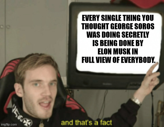 and that's a fact | EVERY SINGLE THING YOU 
THOUGHT GEORGE SOROS 
WAS DOING SECRETLY 
IS BEING DONE BY 
ELON MUSK IN 
FULL VIEW OF EVERYBODY. | image tagged in and that's a fact,george soros,fantasy,elon musk,power | made w/ Imgflip meme maker