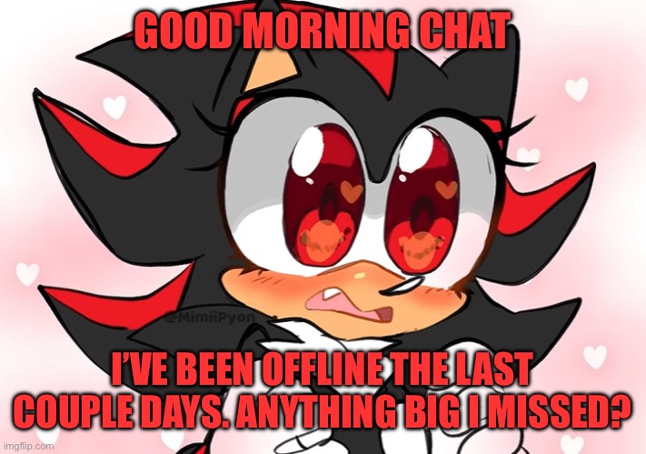 Shadow anime | GOOD MORNING CHAT; I’VE BEEN OFFLINE THE LAST COUPLE DAYS. ANYTHING BIG I MISSED? | image tagged in shadow anime | made w/ Imgflip meme maker