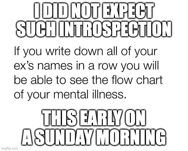 I did not expect such introspection this early on a Sunday morning | I DID NOT EXPECT SUCH INTROSPECTION; THIS EARLY ON A SUNDAY MORNING | image tagged in mental health,mental illness,relationships,sunday morning | made w/ Imgflip meme maker