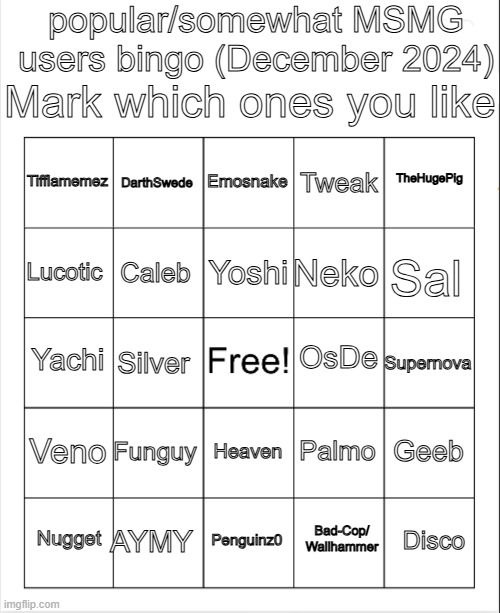 Blank Bingo | popular/somewhat MSMG users bingo (December 2024); Mark which ones you like; Emosnake; DarthSwede; TheHugePig; Tifflamemez; Tweak; Yoshi; Lucotic; Sal; Neko; Caleb; OsDe; Yachi; Supernova; Silver; Veno; Funguy; Geeb; Palmo; Heaven; AYMY; Disco; Nugget; Penguinz0; Bad-Cop/
Wallhammer | image tagged in blank bingo | made w/ Imgflip meme maker