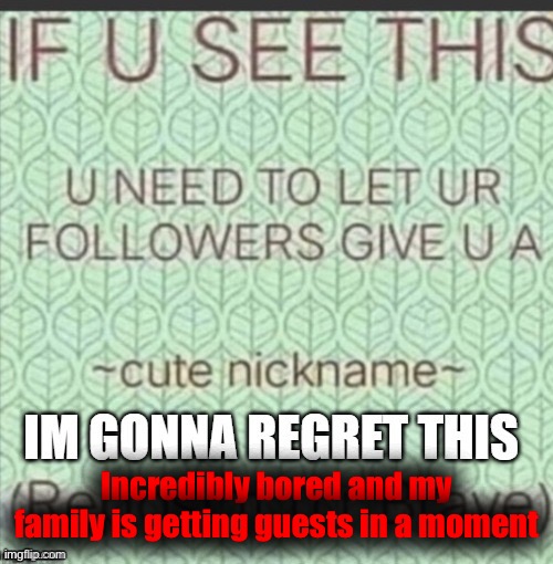 ~cute nickname~ | Incredibly bored and my family is getting guests in a moment | image tagged in cute nickname | made w/ Imgflip meme maker