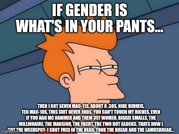 Futurama Fry | IF GENDER IS WHAT'S IN YOUR PANTS... THEN I GOT SEVEN MAC-11S, ABOUT 8 .38S, NINE 9(MM)S, TEN MAC-10S, THIS SHIT NEVER ENDS. YOU CAN'T TOUCH MY RICHES, EVEN IF YOU HAD MC HAMMER AND THEM 357 WOMEN. BIGGIE SMALLS, THE MILLIONAIRE, THE MANSION, THE YACHT, THE TWO HOT GLOCKS. THATS HOW I GOT THE WEEDSPOT- I SHOT FRED IN THE HEAD, TOOK THE BREAD AND THE LAMBSBREAD... | image tagged in memes,futurama fry | made w/ Imgflip meme maker