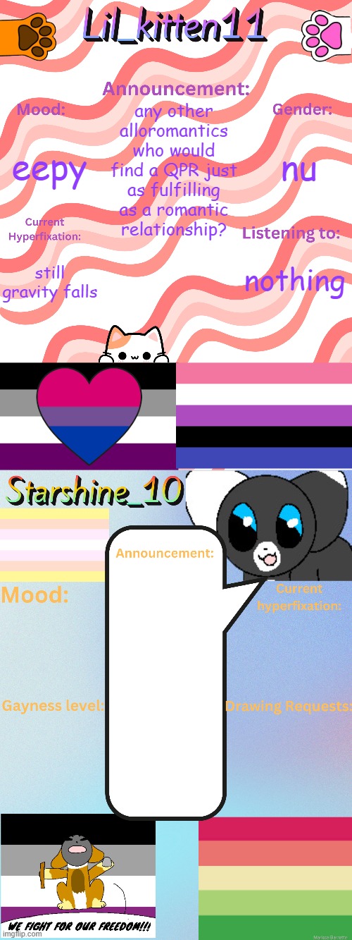 Lil_kitten11 and Starshine_10 updated temp | any other alloromantics who would find a QPR just as fulfilling as a romantic relationship? nu; eepy; nothing; still gravity falls | image tagged in lil_kitten11 and starshine_10 updated temp | made w/ Imgflip meme maker